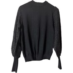 Nanette Lepore Crew Neck Black Sweater with Glitter Sleeves Sz M NWT